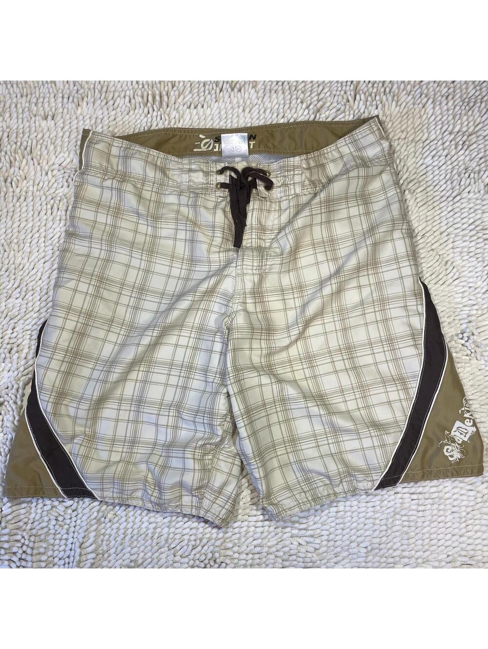 Y2K Sudden Impact Plaid Board Shorts Spellout Drawstring Size L Pockets